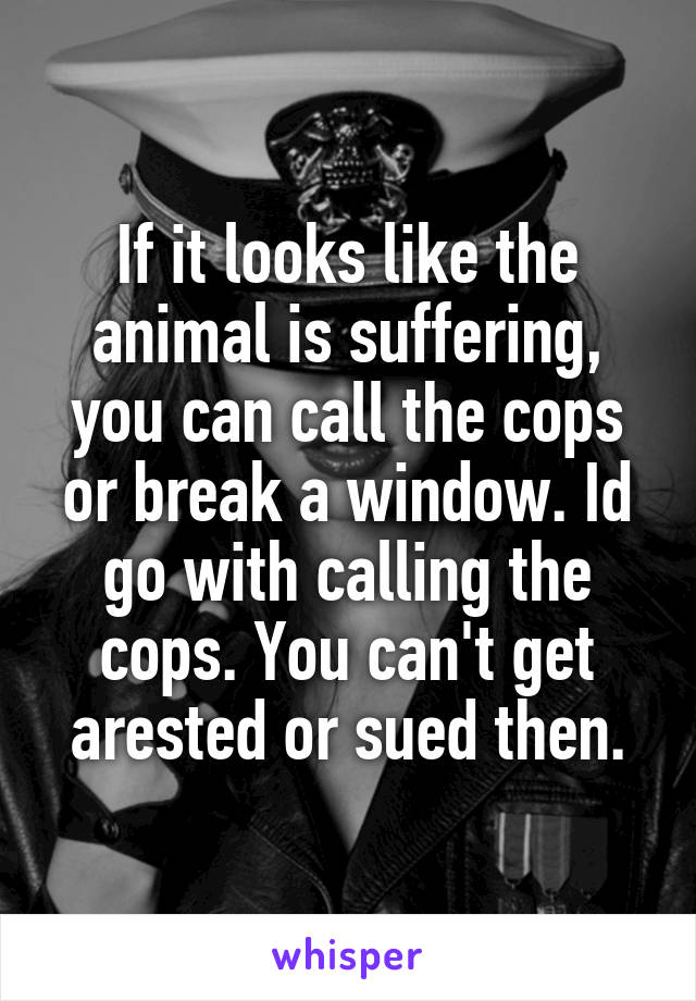 If it looks like the animal is suffering, you can call the cops or break a window. Id go with calling the cops. You can't get arested or sued then.