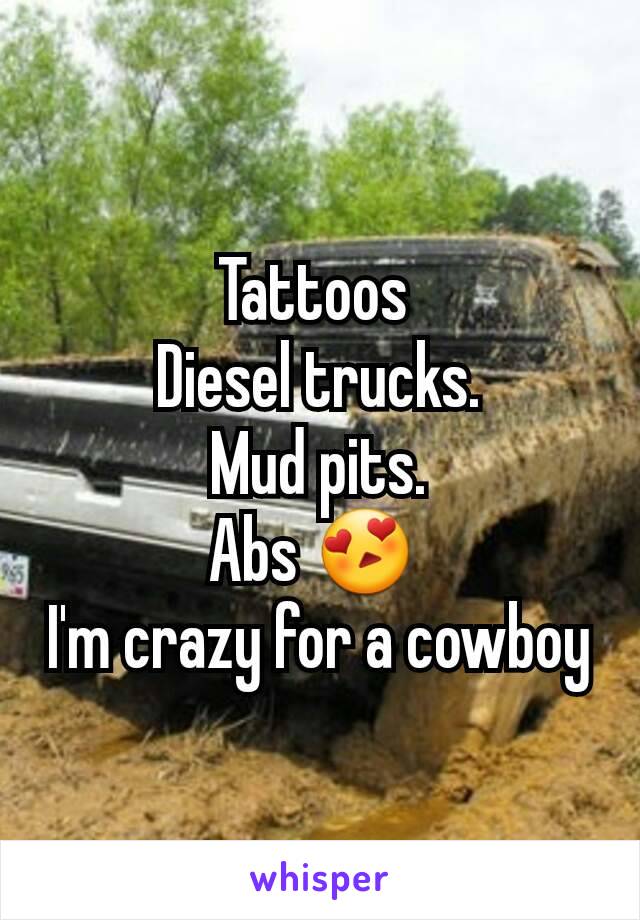 Tattoos 
Diesel trucks.
Mud pits.
Abs 😍 
I'm crazy for a cowboy
