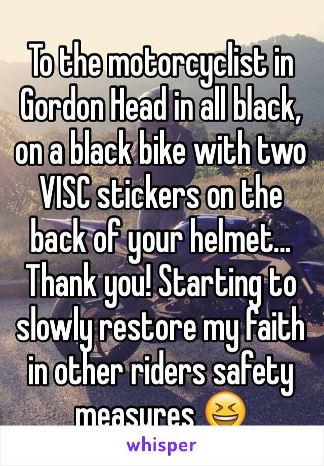 To the motorcyclist in Gordon Head in all black, on a black bike with two VISC stickers on the back of your helmet... Thank you! Starting to slowly restore my faith in other riders safety measures ðŸ˜†