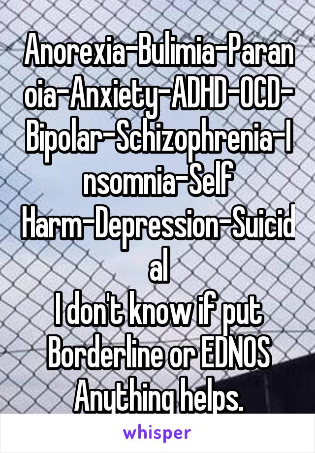 Anorexia-Bulimia-Paranoia-Anxiety-ADHD-OCD-Bipolar-Schizophrenia-Insomnia-Self Harm-Depression-Suicidal
I don't know if put Borderline or EDNOS
Anything helps.