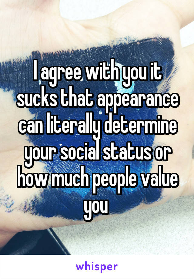 I agree with you it sucks that appearance can literally determine your social status or how much people value you 