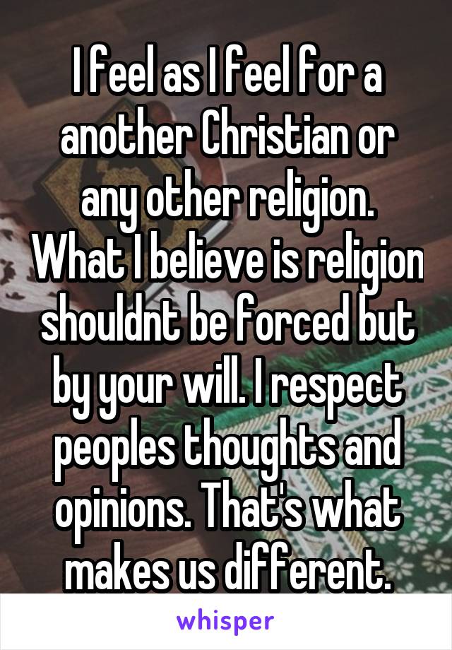 I feel as I feel for a another Christian or any other religion. What I believe is religion shouldnt be forced but by your will. I respect peoples thoughts and opinions. That's what makes us different.
