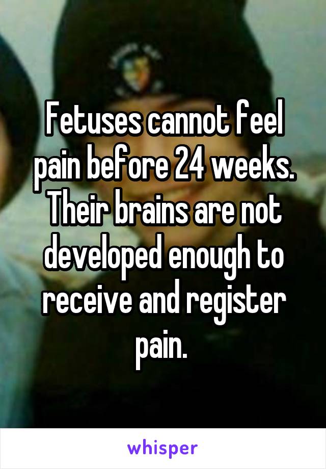 Fetuses cannot feel pain before 24 weeks. Their brains are not developed enough to receive and register pain. 