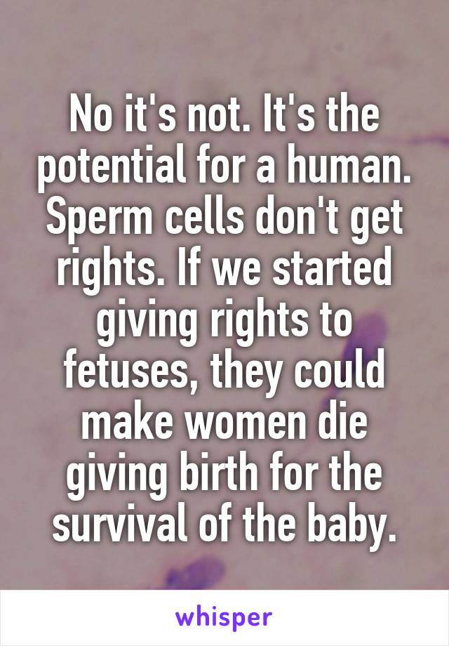 No it's not. It's the potential for a human. Sperm cells don't get rights. If we started giving rights to fetuses, they could make women die giving birth for the survival of the baby.