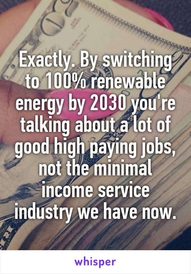 Exactly. By switching to 100% renewable energy by 2030 you're talking about a lot of good high paying jobs, not the minimal income service industry we have now.