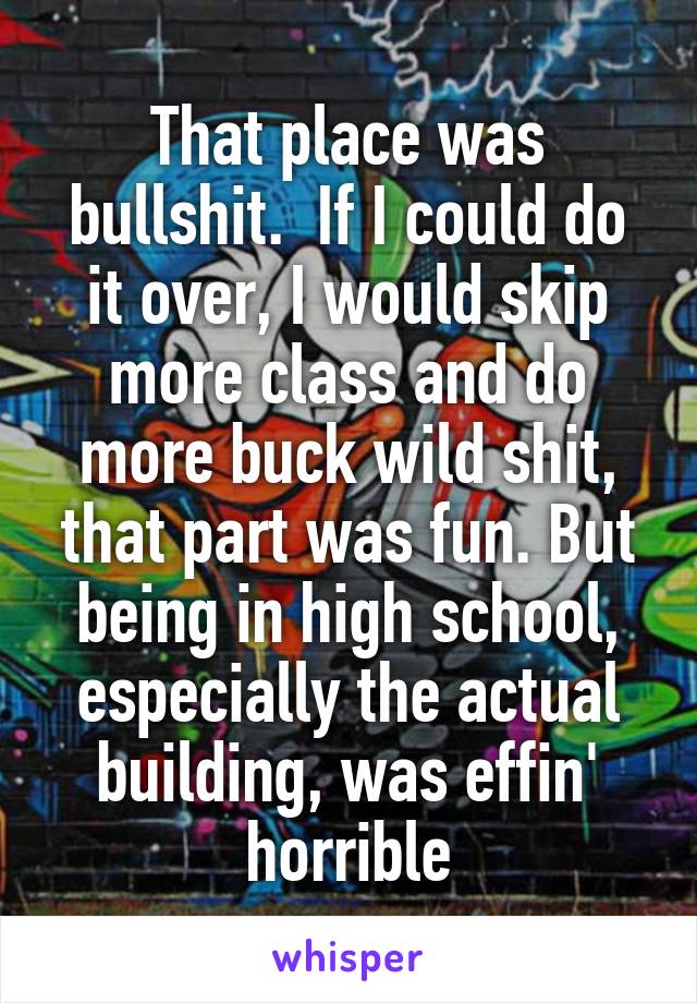 That place was bullshit.  If I could do it over, I would skip more class and do more buck wild shit, that part was fun. But being in high school, especially the actual building, was effin' horrible