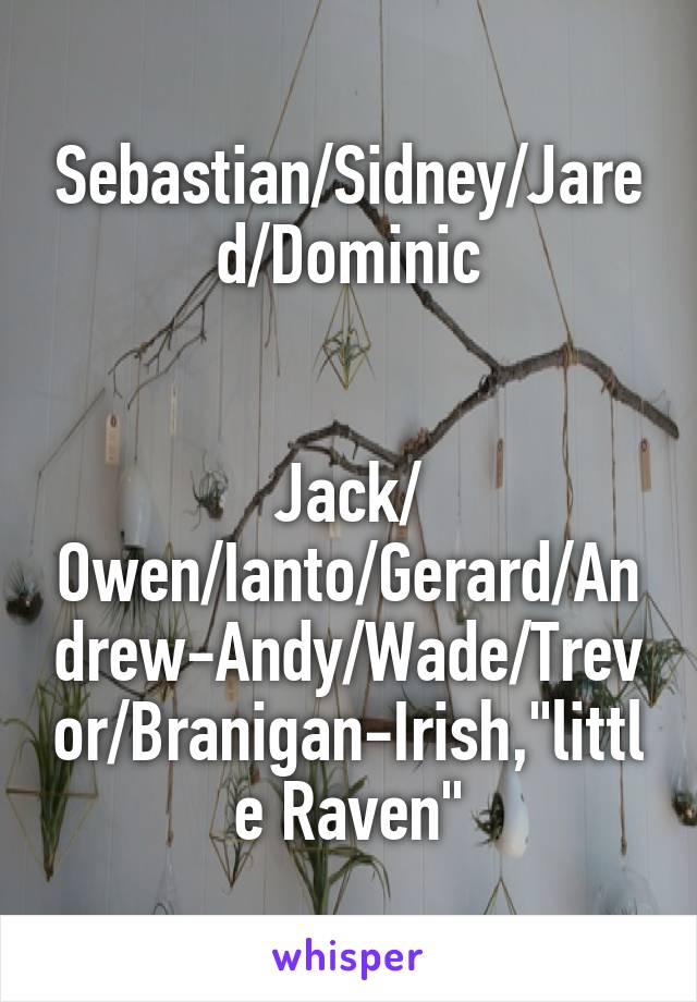 Sebastian/Sidney/Jared/Dominic


Jack/ Owen/Ianto/Gerard/Andrew-Andy/Wade/Trevor/Branigan-Irish,"little Raven"