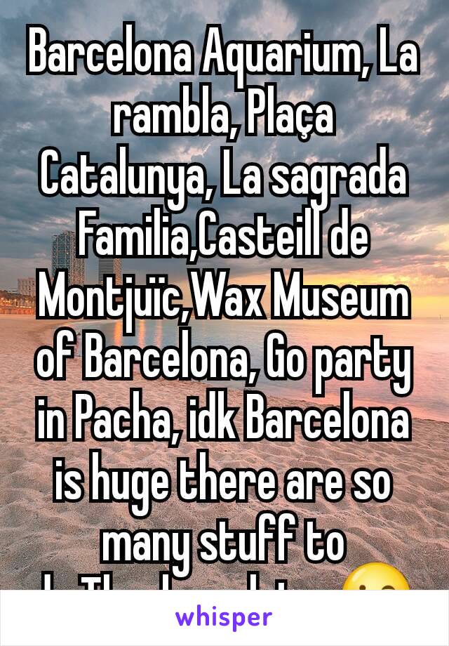 Barcelona Aquarium, La rambla, Plaça Catalunya, La sagrada Familia,Casteill de Montjuïc,Wax Museum of Barcelona, Go party in Pacha, idk Barcelona is huge there are so many stuff to do.Thank me later😉