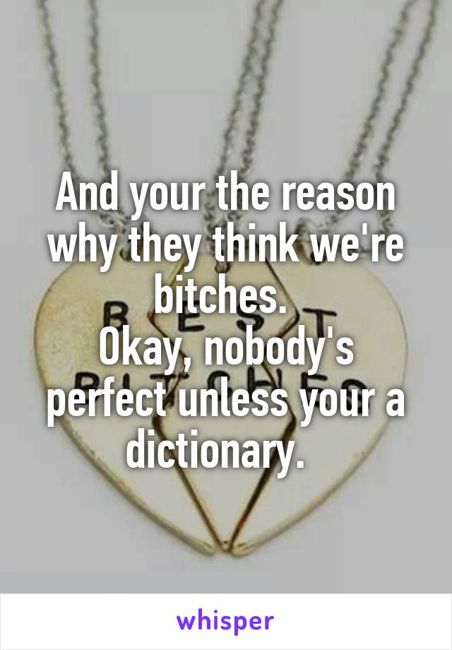 And your the reason why they think we're bitches. 
Okay, nobody's perfect unless your a dictionary.  