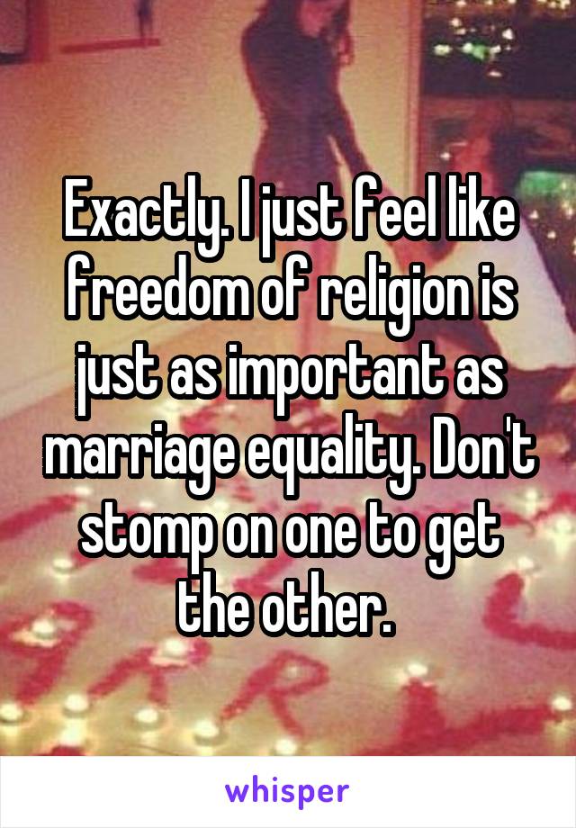 Exactly. I just feel like freedom of religion is just as important as marriage equality. Don't stomp on one to get the other. 