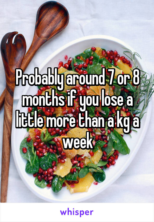 Probably around 7 or 8 months if you lose a little more than a kg a week