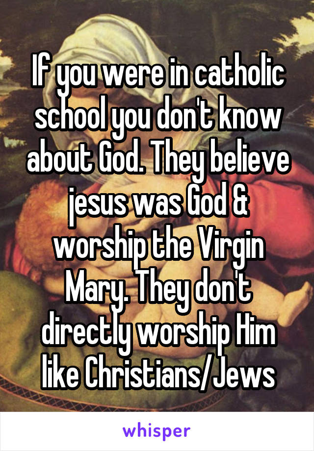 If you were in catholic school you don't know about God. They believe jesus was God & worship the Virgin Mary. They don't directly worship Him like Christians/Jews