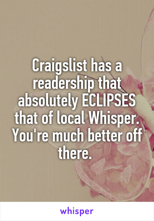 Craigslist has a readership that absolutely ECLIPSES that of local Whisper. You're much better off there. 