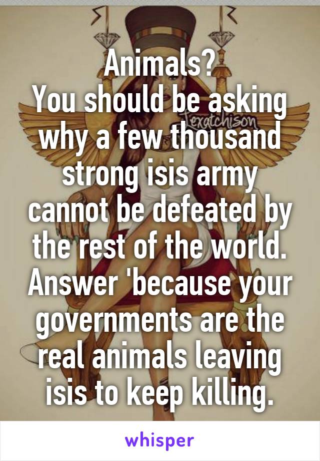 Animals?
You should be asking why a few thousand strong isis army cannot be defeated by the rest of the world.
Answer 'because your governments are the real animals leaving isis to keep killing.