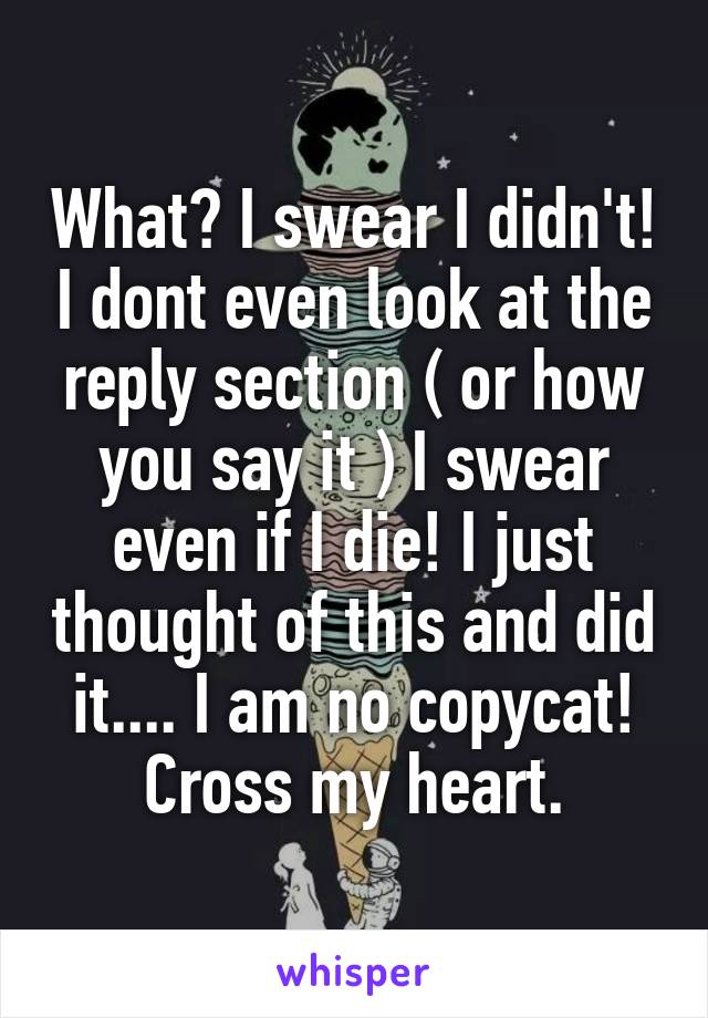 What? I swear I didn't! I dont even look at the reply section ( or how you say it ) I swear even if I die! I just thought of this and did it.... I am no copycat! Cross my heart.