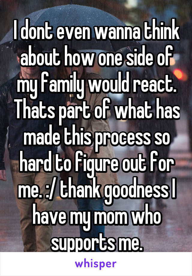 I dont even wanna think about how one side of my family would react. Thats part of what has made this process so hard to figure out for me. :/ thank goodness I have my mom who supports me.