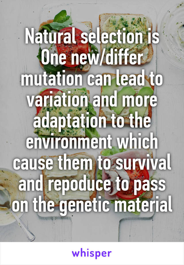 Natural selection is One new/differ mutation can lead to variation and more adaptation to the environment which cause them to survival and repoduce to pass on the genetic material 