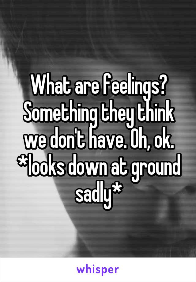 What are feelings? Something they think we don't have. Oh, ok. *looks down at ground sadly*