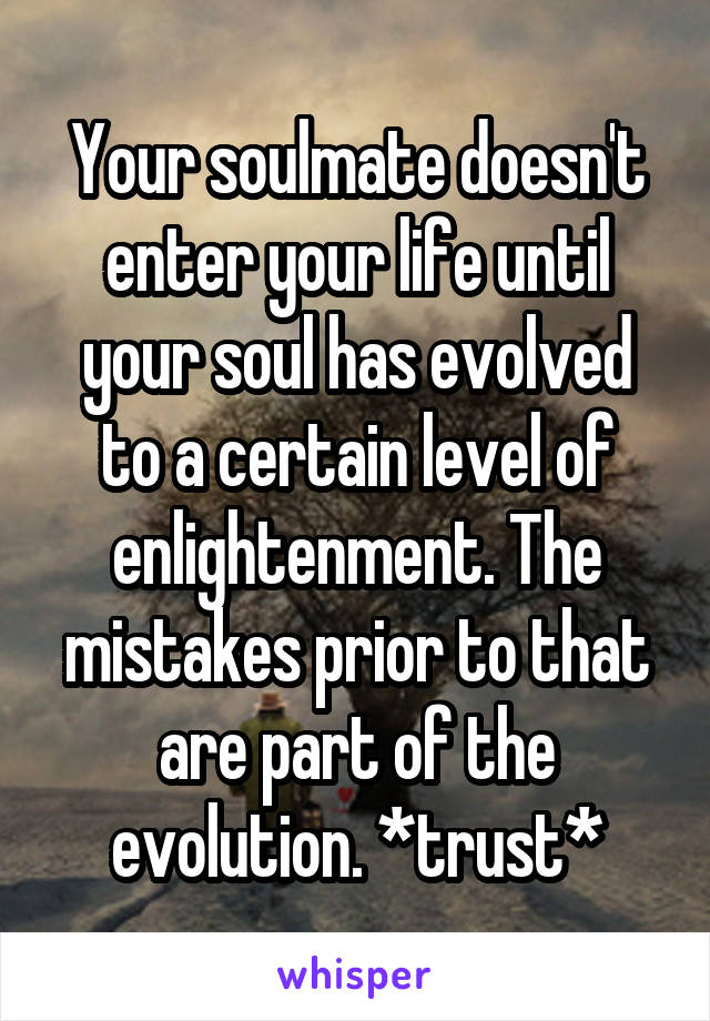 Your soulmate doesn't enter your life until your soul has evolved to a certain level of enlightenment. The mistakes prior to that are part of the evolution. *trust*