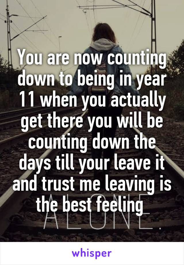 You are now counting down to being in year 11 when you actually get there you will be counting down the days till your leave it and trust me leaving is the best feeling 