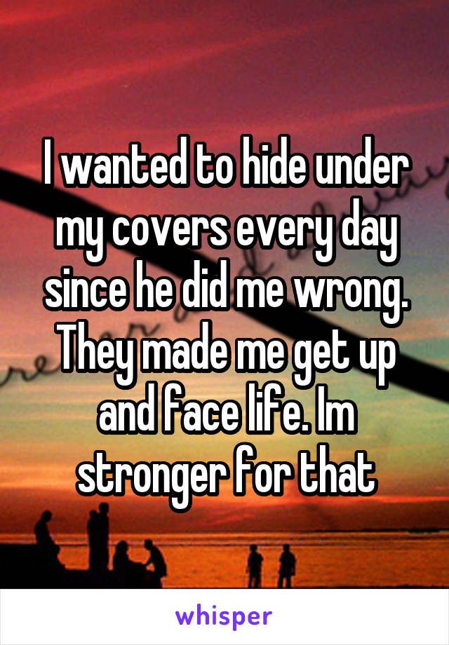 I wanted to hide under my covers every day since he did me wrong. They made me get up and face life. Im stronger for that
