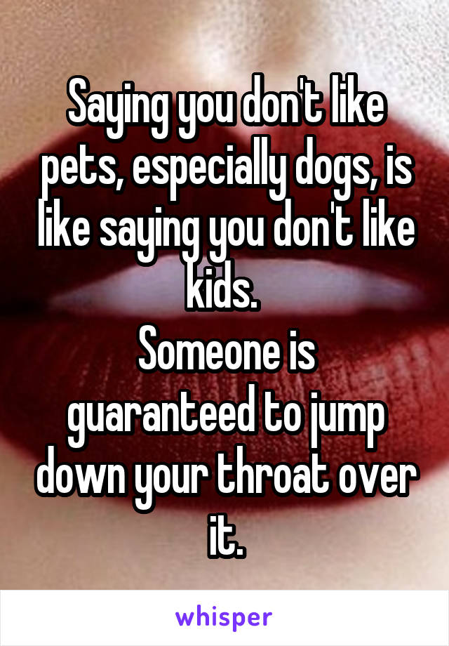 Saying you don't like pets, especially dogs, is like saying you don't like kids. 
Someone is guaranteed to jump down your throat over it.