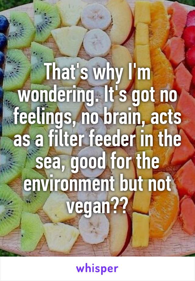 That's why I'm wondering. It's got no feelings, no brain, acts as a filter feeder in the sea, good for the environment but not vegan??