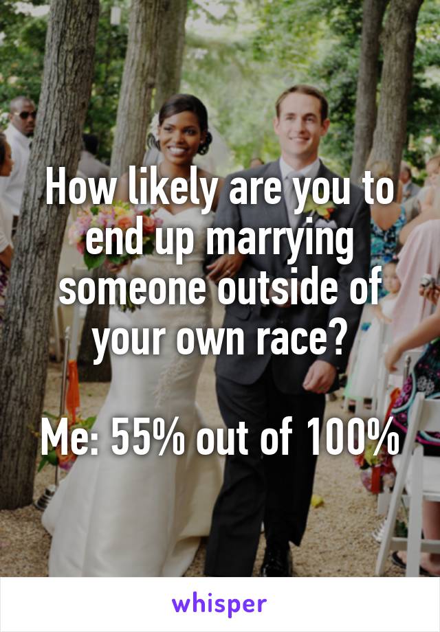 How likely are you to end up marrying someone outside of your own race?

Me: 55% out of 100%