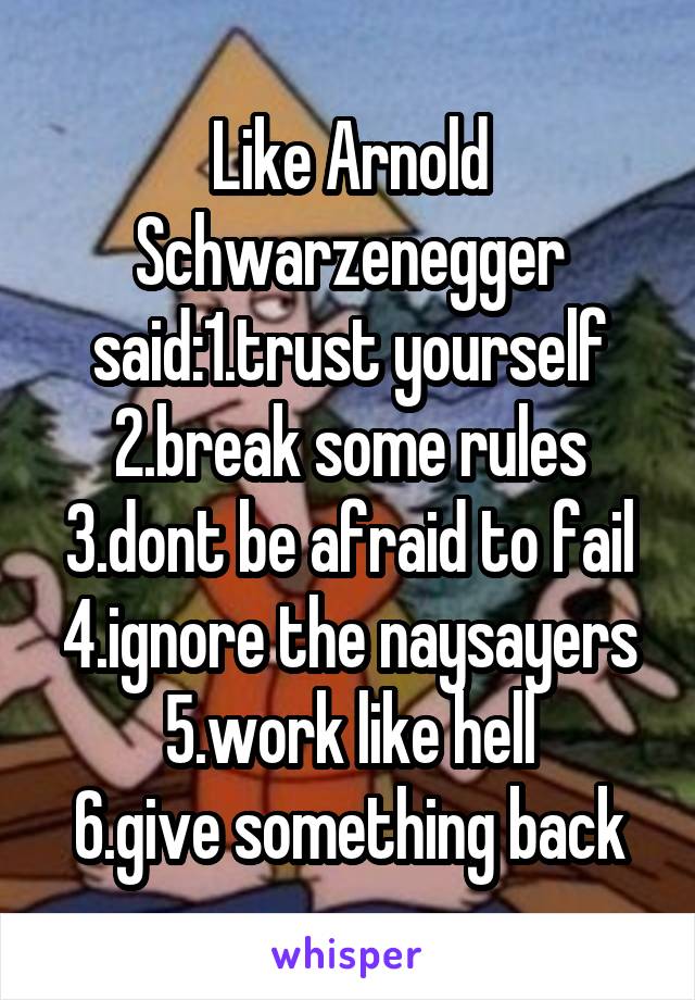Like Arnold Schwarzenegger said:1.trust yourself
2.break some rules
3.dont be afraid to fail
4.ignore the naysayers
5.work like hell
6.give something back