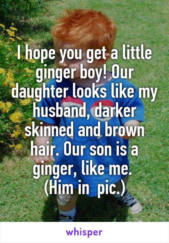 I hope you get a little ginger boy! Our daughter looks like my husband, darker skinned and brown hair. Our son is a ginger, like me. 
(Him in  pic.)