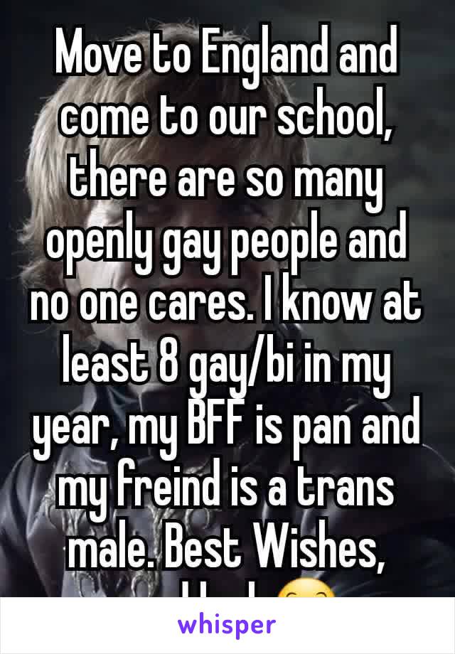 Move to England and come to our school, there are so many openly gay people and no one cares. I know at least 8 gay/bi in my year, my BFF is pan and my freind is a trans male. Best Wishes, good luck😊