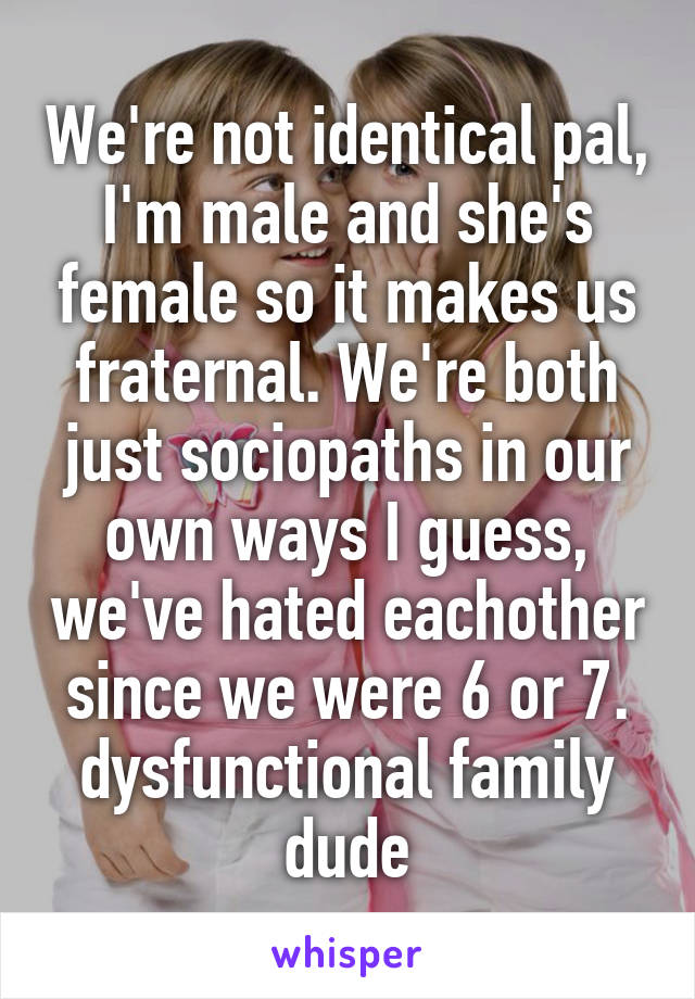 We're not identical pal, I'm male and she's female so it makes us fraternal. We're both just sociopaths in our own ways I guess, we've hated eachother since we were 6 or 7. dysfunctional family dude