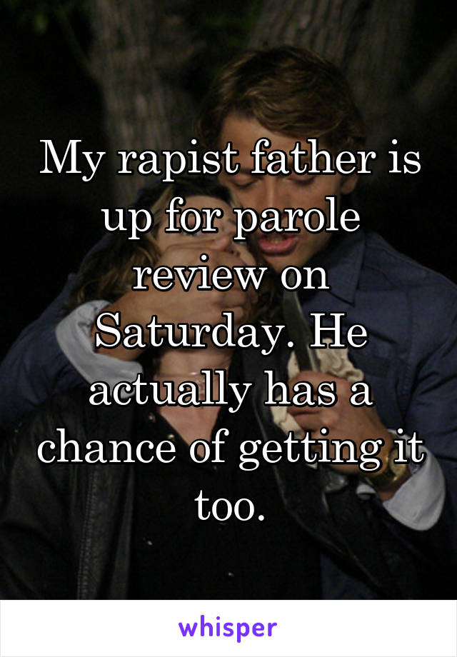 My rapist father is up for parole review on Saturday. He actually has a chance of getting it too.
