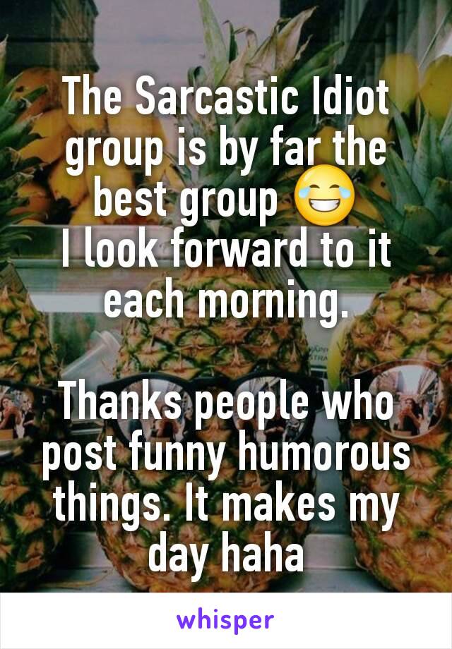 The Sarcastic Idiot group is by far the best group 😂
I look forward to it each morning.

Thanks people who post funny humorous things. It makes my day haha