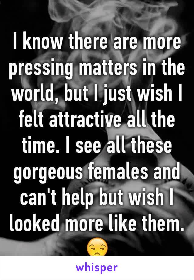 I know there are more pressing matters in the world, but I just wish I felt attractive all the time. I see all these gorgeous females and can't help but wish I looked more like them.  😒