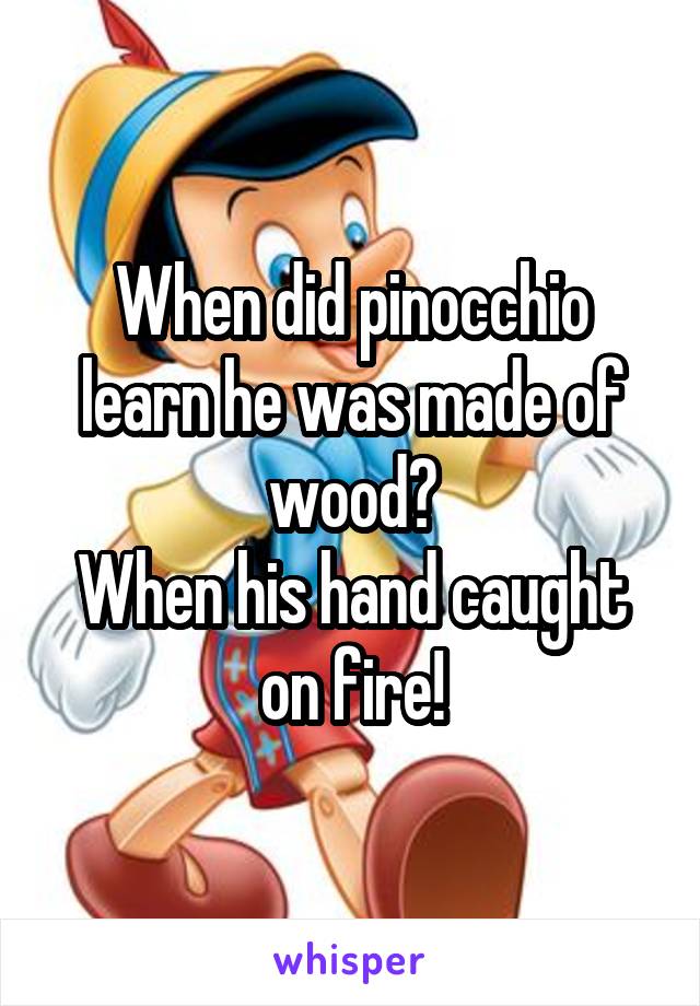 When did pinocchio learn he was made of wood?
When his hand caught on fire!