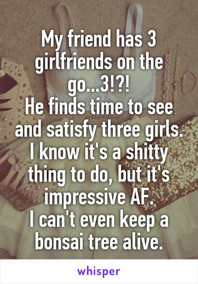 My friend has 3 girlfriends on the go...3!?!
He finds time to see and satisfy three girls.
I know it's a shitty thing to do, but it's impressive AF.
I can't even keep a bonsai tree alive.