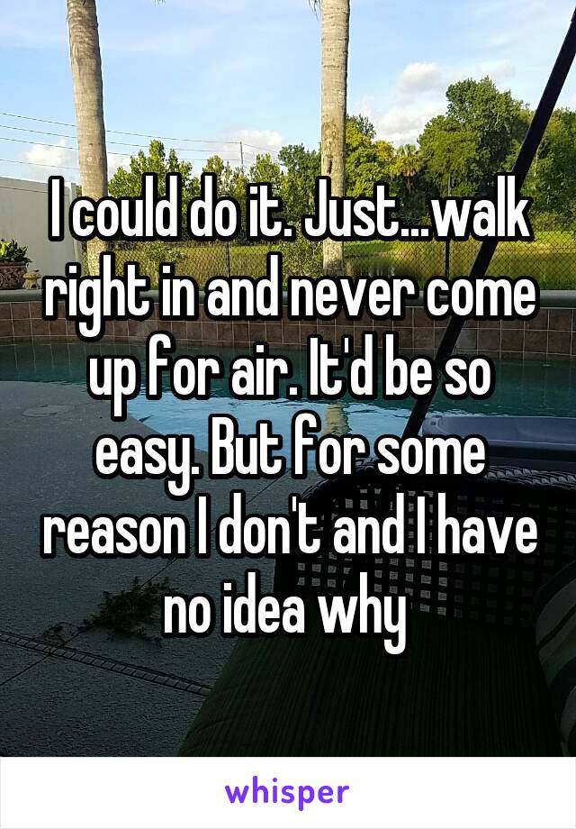 I could do it. Just...walk right in and never come up for air. It'd be so easy. But for some reason I don't and I have no idea why 