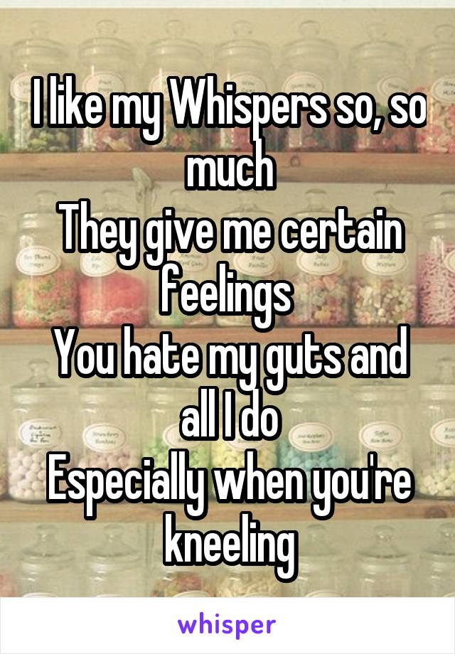 I like my Whispers so, so much
They give me certain feelings 
You hate my guts and all I do
Especially when you're kneeling