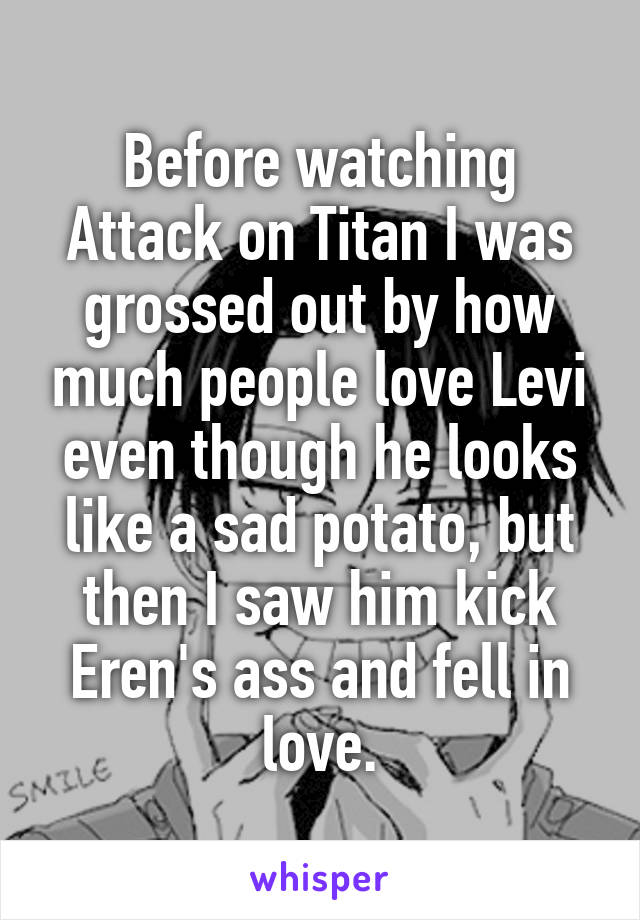 Before watching Attack on Titan I was grossed out by how much people love Levi even though he looks like a sad potato, but then I saw him kick Eren's ass and fell in love.