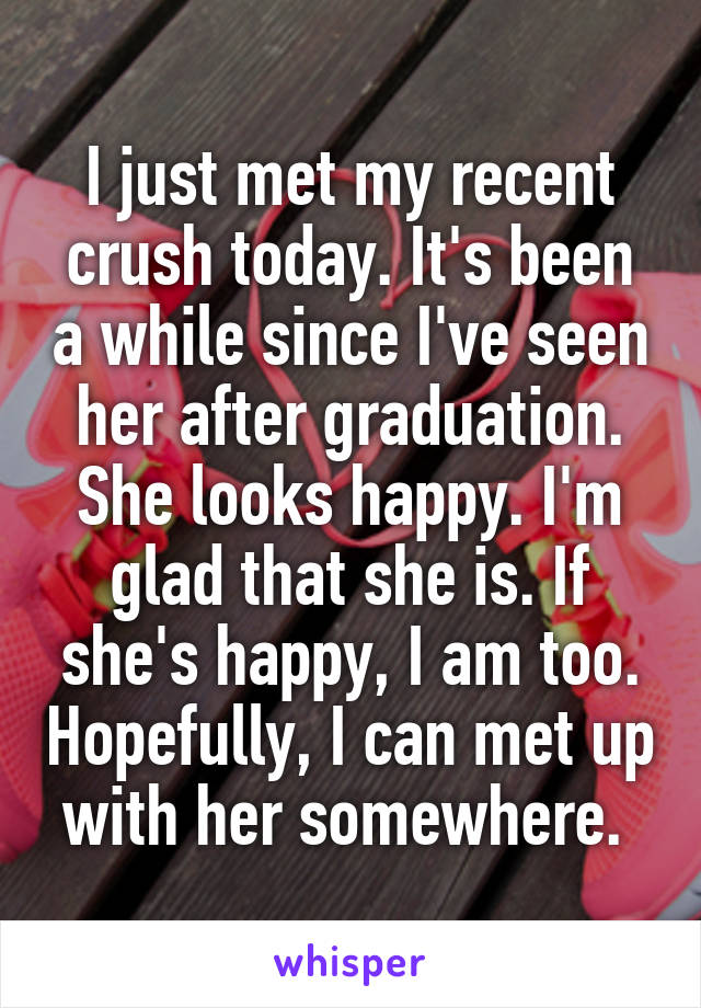 I just met my recent crush today. It's been a while since I've seen her after graduation. She looks happy. I'm glad that she is. If she's happy, I am too. Hopefully, I can met up with her somewhere. 