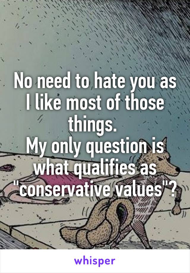 No need to hate you as I like most of those things. 
My only question is what qualifies as "conservative values"?