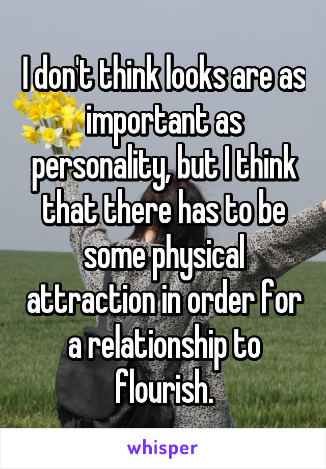 I don't think looks are as important as personality, but I think that there has to be some physical attraction in order for a relationship to flourish.