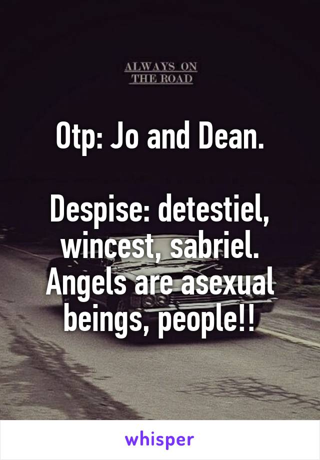 Otp: Jo and Dean.

Despise: detestiel, wincest, sabriel. Angels are asexual beings, people!!