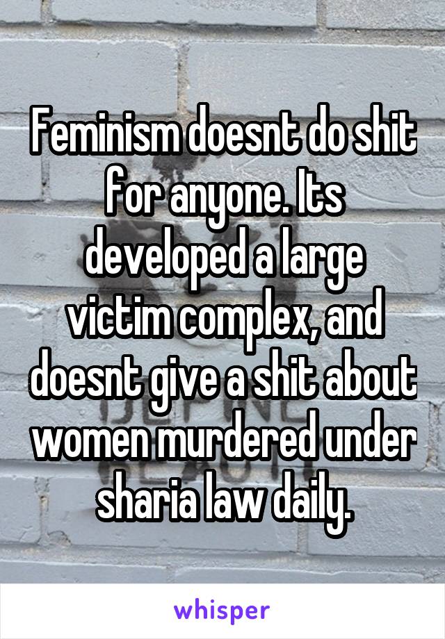Feminism doesnt do shit for anyone. Its developed a large victim complex, and doesnt give a shit about women murdered under sharia law daily.