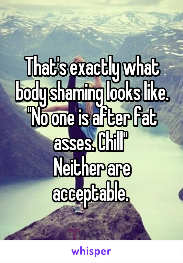 That's exactly what body shaming looks like. "No one is after fat asses. Chill" 
Neither are acceptable. 