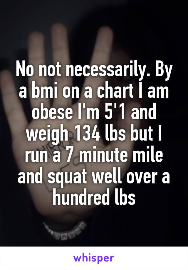 No not necessarily. By a bmi on a chart I am obese I'm 5'1 and weigh 134 lbs but I run a 7 minute mile and squat well over a hundred lbs