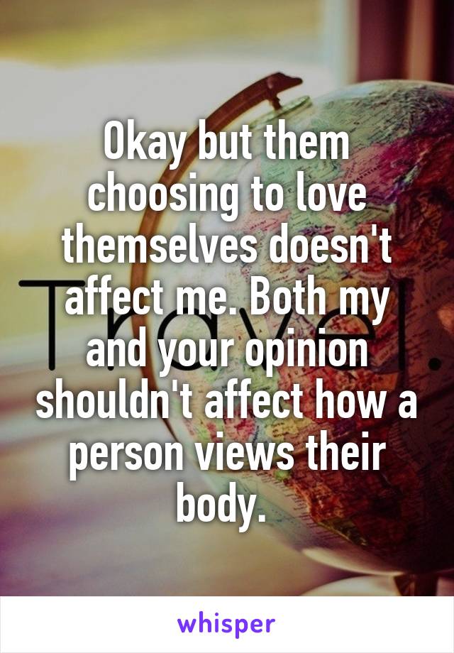 Okay but them choosing to love themselves doesn't affect me. Both my and your opinion shouldn't affect how a person views their body. 