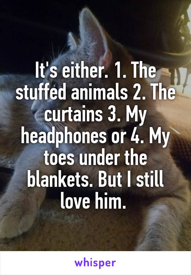 It's either. 1. The stuffed animals 2. The curtains 3. My headphones or 4. My toes under the blankets. But I still love him. 