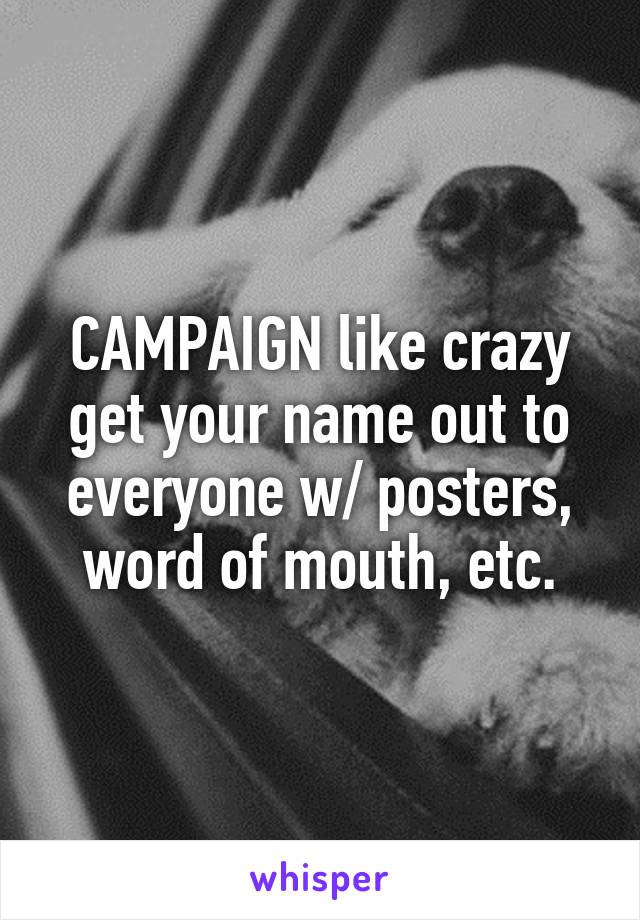 CAMPAIGN like crazy get your name out to everyone w/ posters, word of mouth, etc.